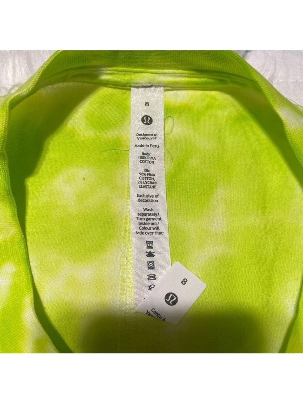 NWOT Lululemon Tie-Dye Short Sleeve women’s Tee Size 8 Lime Green White - Picture 2 of 5